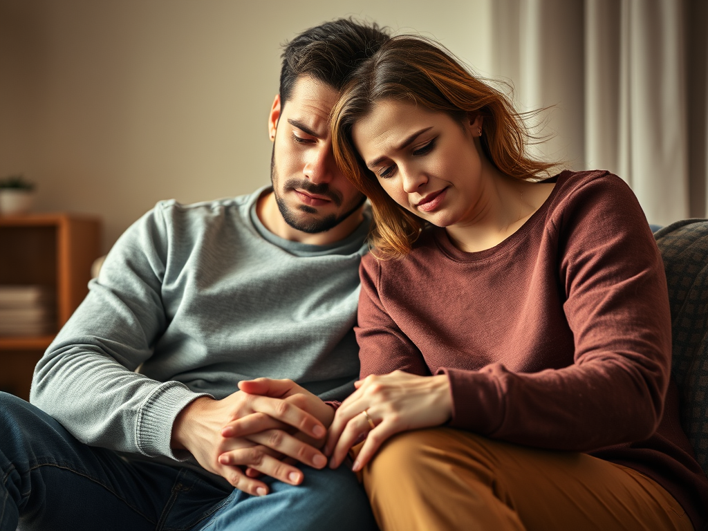 Couple sitting together, leaning on each other, looking sad, while holding hands