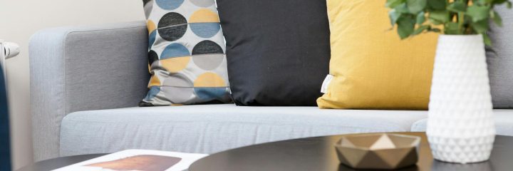 Couch with pillows and coffee table.